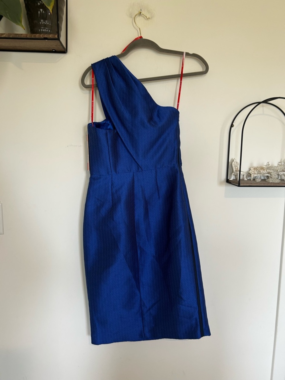 NWT Monique Lhuillier Cobalt Blue Silk‎ Blend One Shoulder Knee Length Dress 6